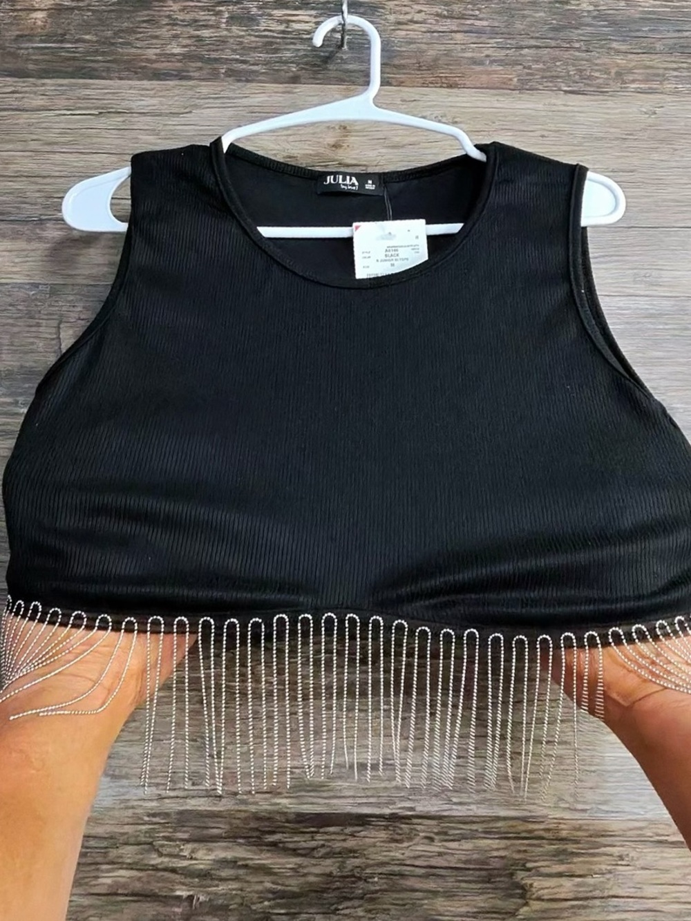 Julia Black Cropped Tank Top with Silver Fringe